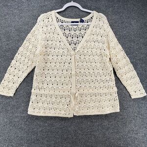 OBR‎ Cardigan Sweater Womens L Beige Crochet Button Up 90s Hippie Peasant Boho